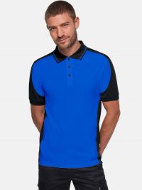 Blaues Herren Arbeits Poloshirt mit schwarzen Kontrasteinsätzen und Drei-Loch-Knopfleiste – strapazierfähig und pflegeleicht für Handwerk, Pflege und Gastronomie